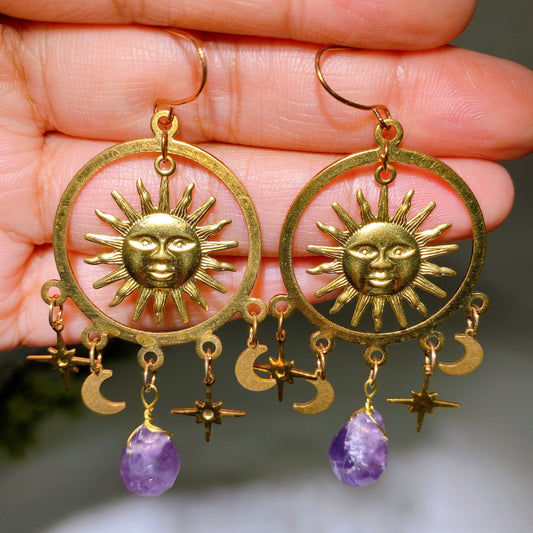 Golden Color Suns Face Crystal Earrings Crystal Healing Bulk Wholesale