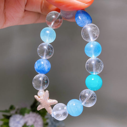 925 Silver Starfish 12mm Kyanite Aquamarine Clear Quartz Bracelet Crystal Healing Bulk Wholesale