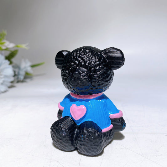 2.7" Black Obsidian Bear Carving with Painting Crystal Healing Bulk Wholesale