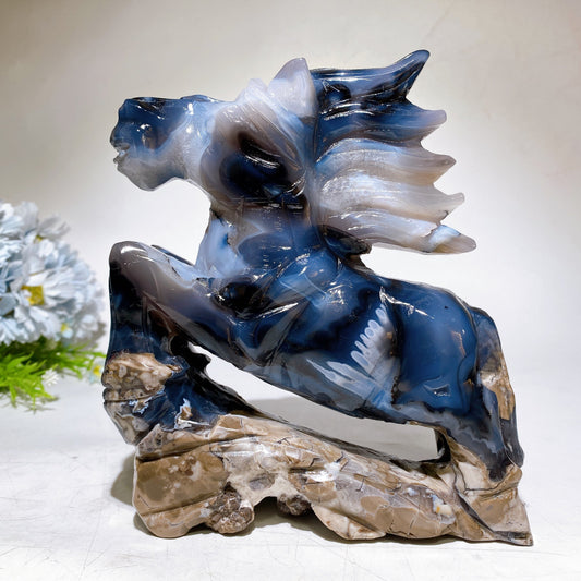 18cm Unique UV Reactive Volcanic Agate Horse Carving Crystal Healing Bulk Wholesale