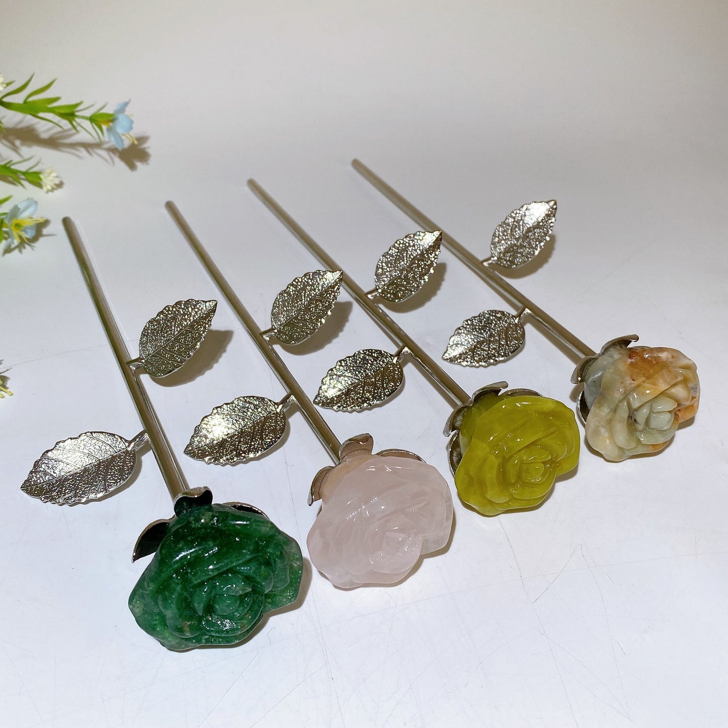 22cm Crystal Bud Bloom Flower with Silver Stem Leaf Crystal Healing Bulk Wholesale