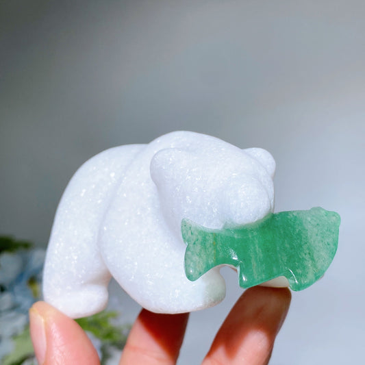 3.2" White Jade Bear with Aventurine Fish Carving Crystal Healing Bulk Wholesale