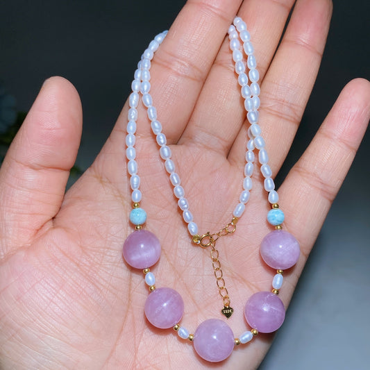 925 Silver Kunzite Larimar & Water Pearl Special DIY Natural Crystal Beads Necklace Crystal Gift Crystal Healing Bulk Wholesale