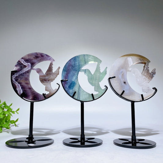 Crystal Hummingbird on Moon Carving with Stand Free Form Crystal Healing Bulk Wholesale