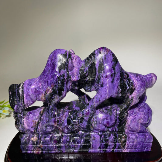 Unique Charoite Bullfighting Carving with Stand Crystal Healing Free Form