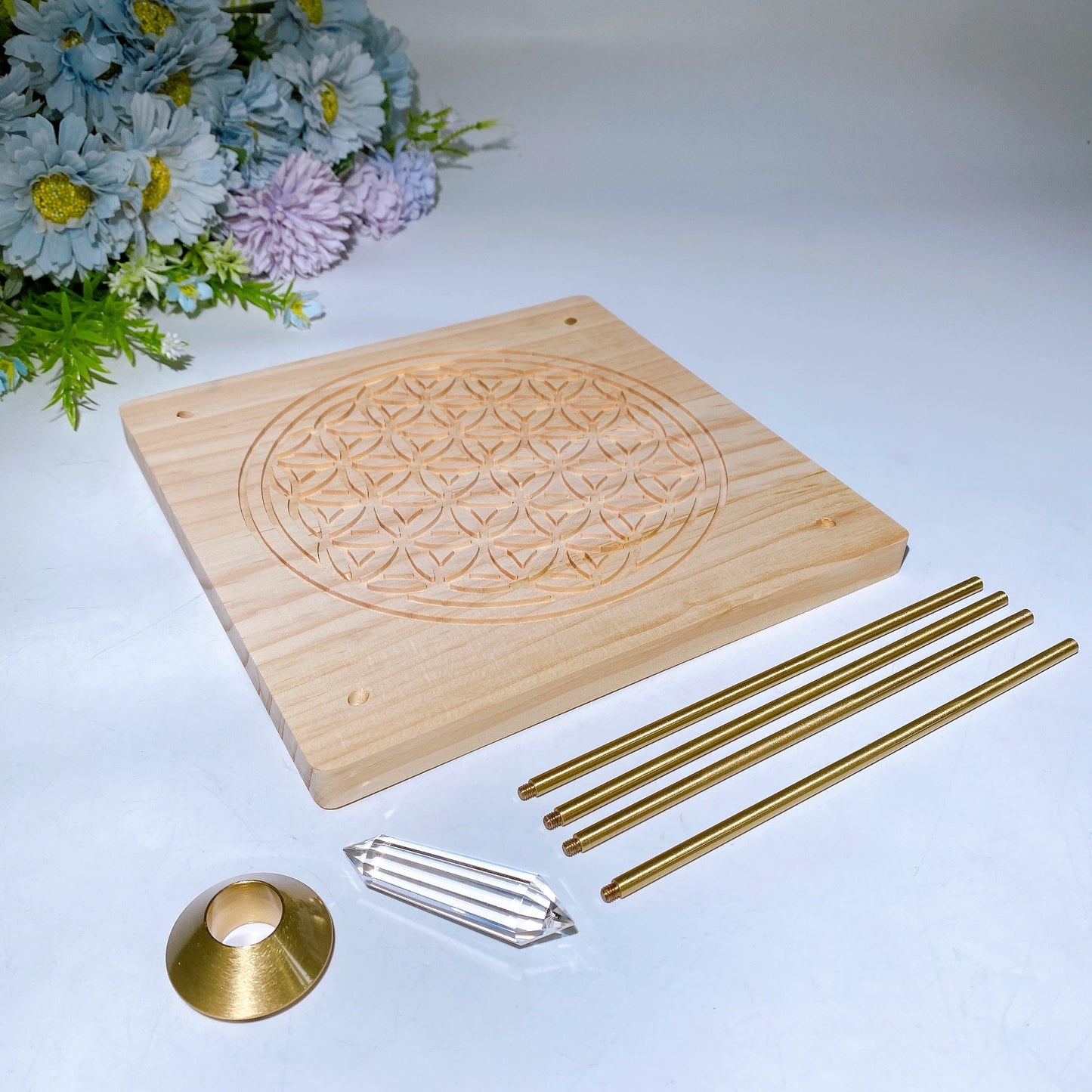 Vogel Copper Pyramid with Faceted Clear Quartz DT Point & Life Flower Wooden Base Crystal Healing Bulk Wholesale