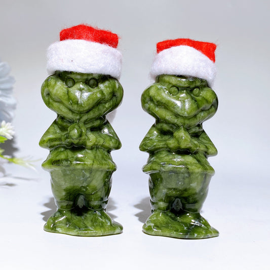 3.2" Serpentine Monster Grinch Carving with Christmas Cap Crystal Healing Bulk Wholesale