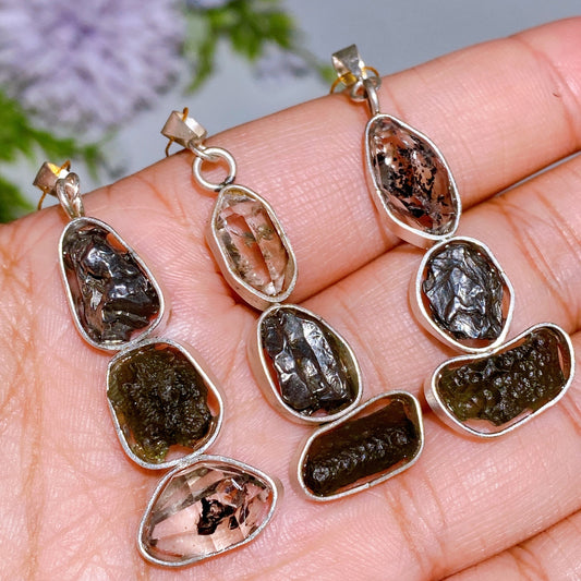 Sterling Silver Herkimer Diamond Campo Meteorite Moldavite Pendant Crystal Healing Bulk Wholesale