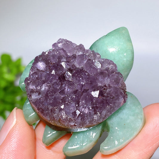 2.0" Amethyst Cluster Green Aventurine Turtle Carving Crystal Healing Bulk Wholesale
