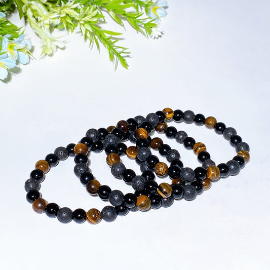8mm Lava Stone Yellow Tiger's Eye Black Obsidian Mixed Crystal Bracelet Crystal Healing Bulk Wholesale