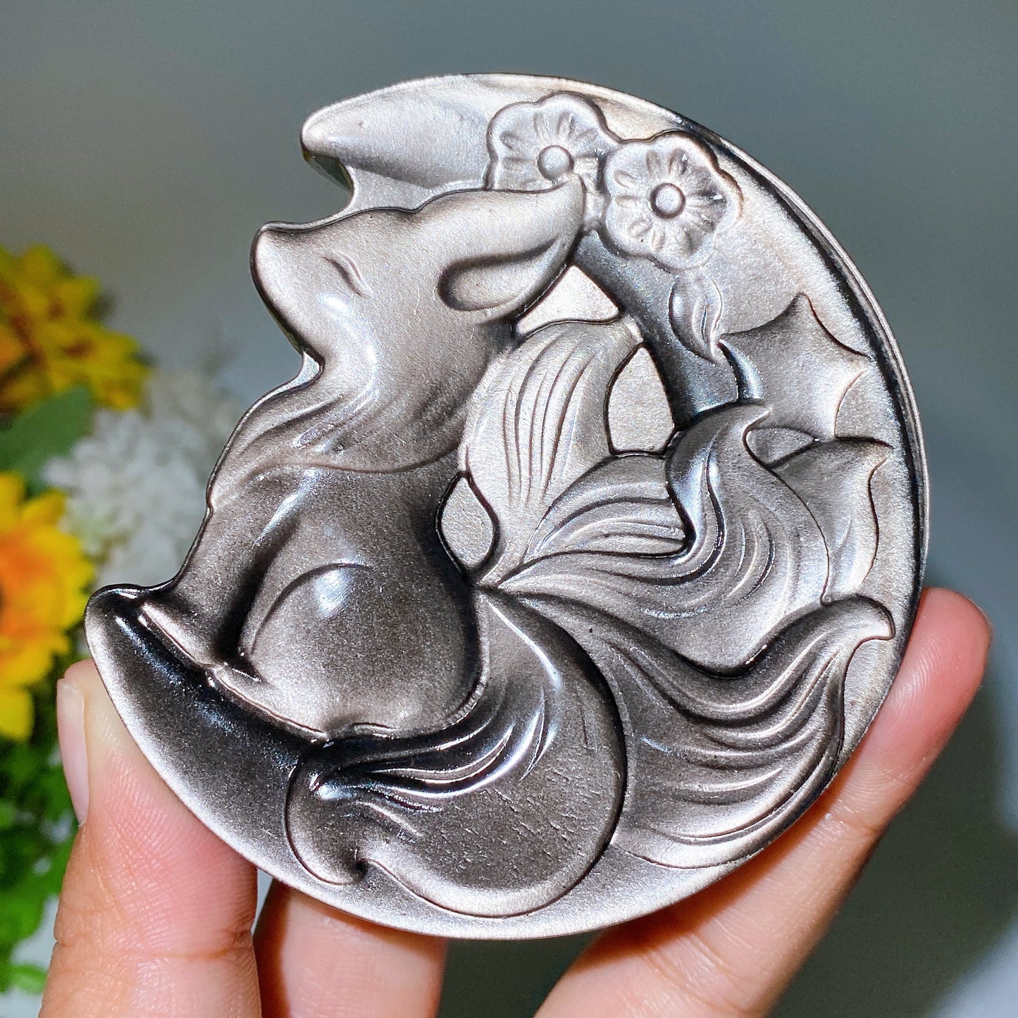 3.4" Silver Obsidian Owl Wolf on Moon Carving Crystal Healing Bulk Wholesale