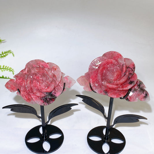 Natural Sakura Rhodonite Peony Flower Carving with Stand Crystal Healing Bulk Wholesale