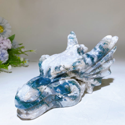 16cm Druzy Moss Agate Dragon Head Carving Crystal Healing Bulk Wholesale