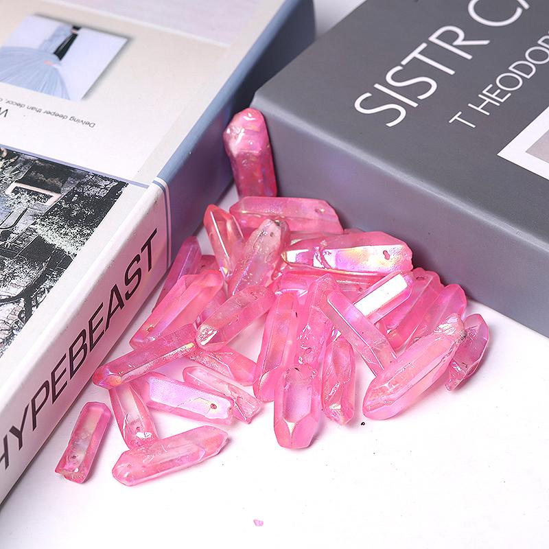 Drilled Pink Aura Quartz Crystal Points Raw Rough Clear Rock Quartz Sticks Wholesale Crystals