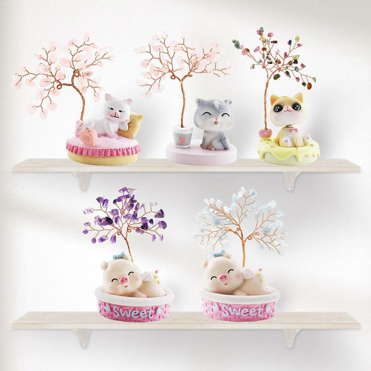 Wealth and Luck Crystal Money Tree with Cute Resin Little Cat for Home Decor Wholesale Crystals