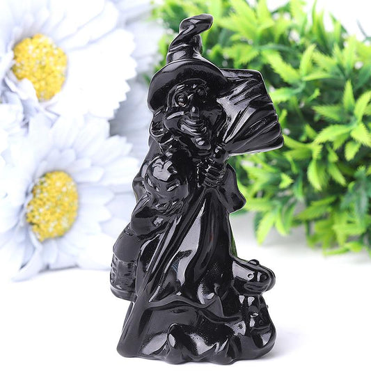 4.5" Black Obsdian Witch Crystal Carvings for Halloween Wholesale Crystals