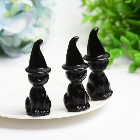2.3" Black Obsidian Cat with Wizard Hat Carving Bulk Wholesale Wholesale Crystals