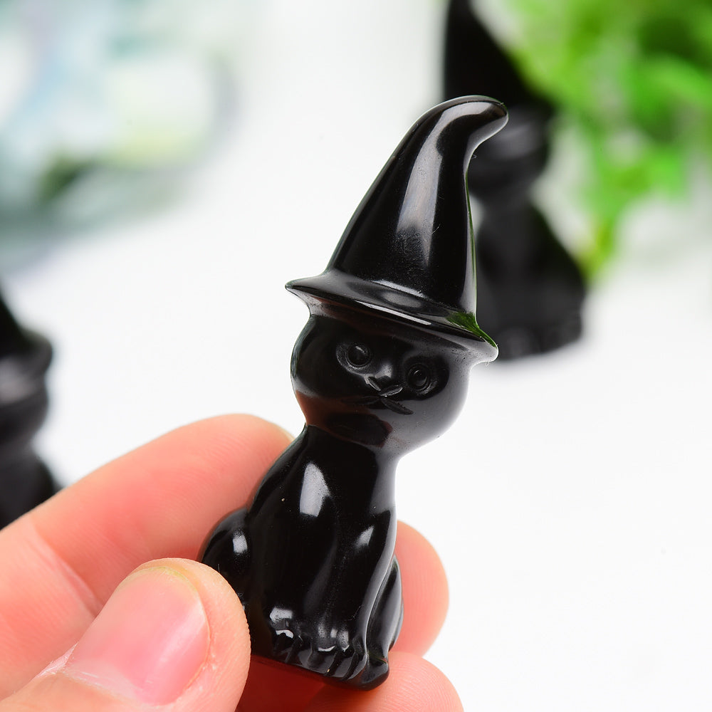 2.3" Black Obsidian Cat with Wizard Hat Carving Bulk Wholesale Wholesale Crystals