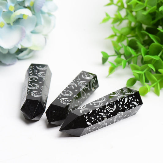 3.0"-3.5" Black Obsidian Crystal Point with Silver Moon Star Printing Bulk Wholesale Wholesale Crystals
