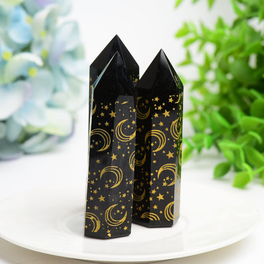3.0"-3.5" Black Obsidian Crystal Point with Golden Moon Star Printing Bulk Wholesale Wholesale Crystals