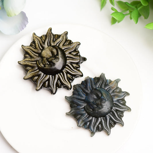 2.0" Labradorite Golden Obsidian Sun& Moon Face Crystal Carving Bulk Wholesale Wholesale Crystals