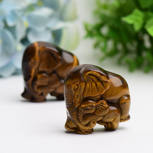 1.8" Tiger's Eye Mother & Baby Elephant Animal Crystal Carving Wholesale Crystals