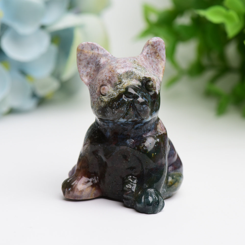 2.4" Moss Agate Bulldog Animal Crystal Carving Wholesale Crystals