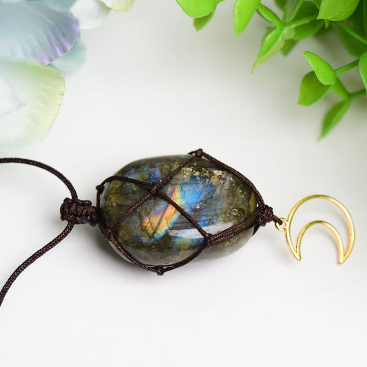 Rope Warrped Labradorite Stone Necklace with metal Moon Decor Bulk Wholesale Wholesale Crystals