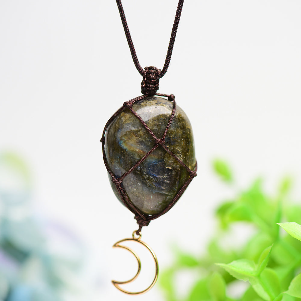 Rope Warrped Labradorite Stone Necklace with metal Moon Decor Bulk Wholesale Wholesale Crystals