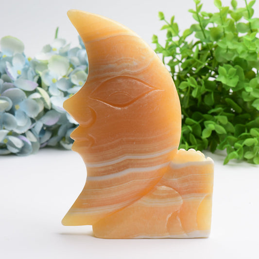 8.0" Huge Orange Calcite Moon Face and Rose Crystal Carving Free Form Bulk Wholesale Wholesale Crystals