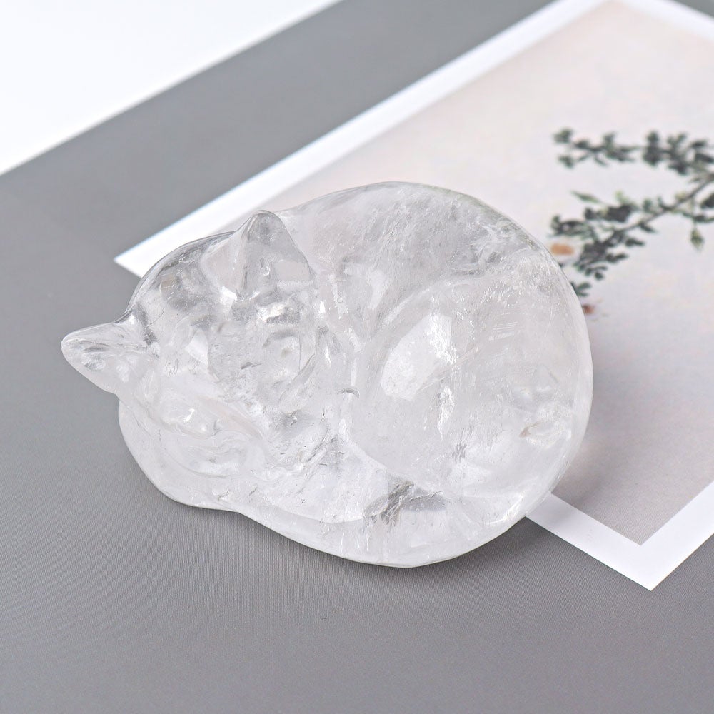 3" Clear Quartz Sleeping Cat Crystal Carvings Wholesale Crystals