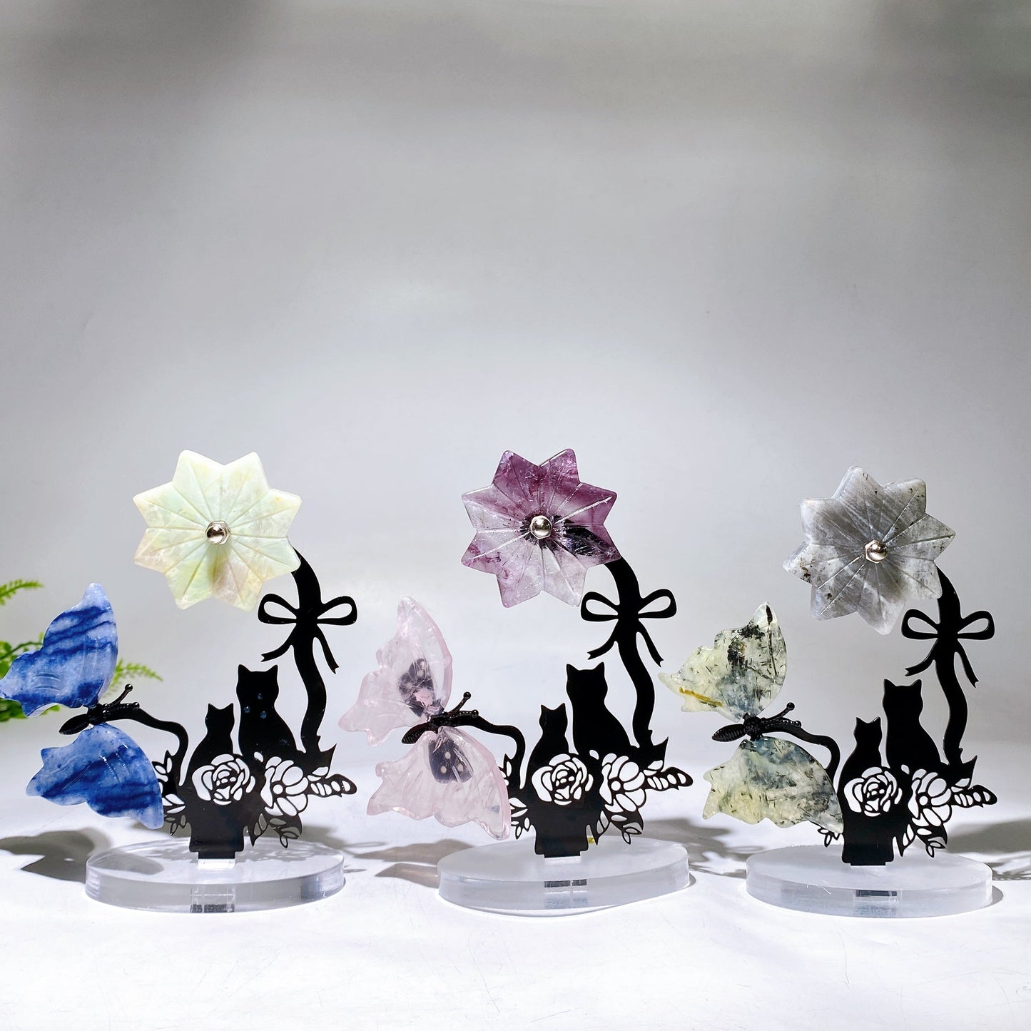 Mixed Crystal Buttterfly & Spinning Flower with Metal Stand Resin Base Free Form Wholesale