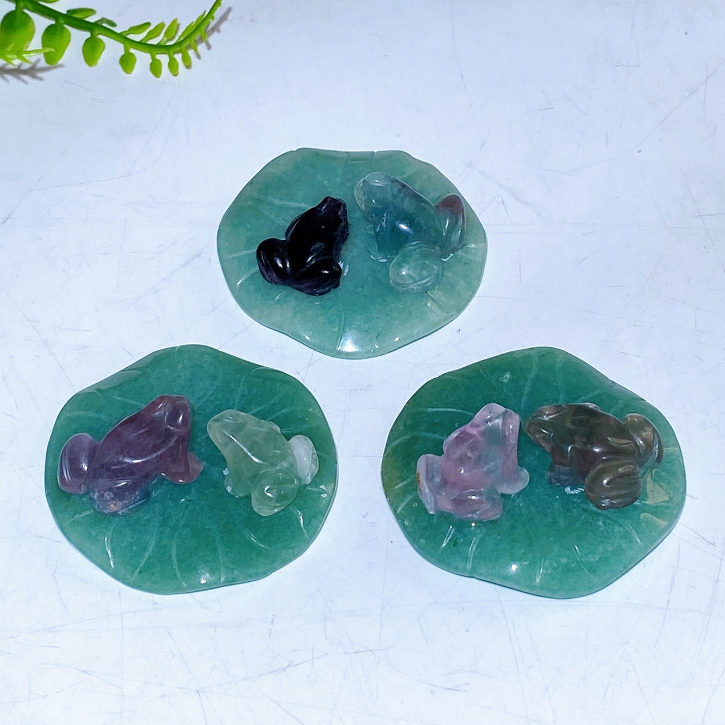 2.0" Fluorite Frogs on Aventurine Lotus Leaf Carving Wholesale