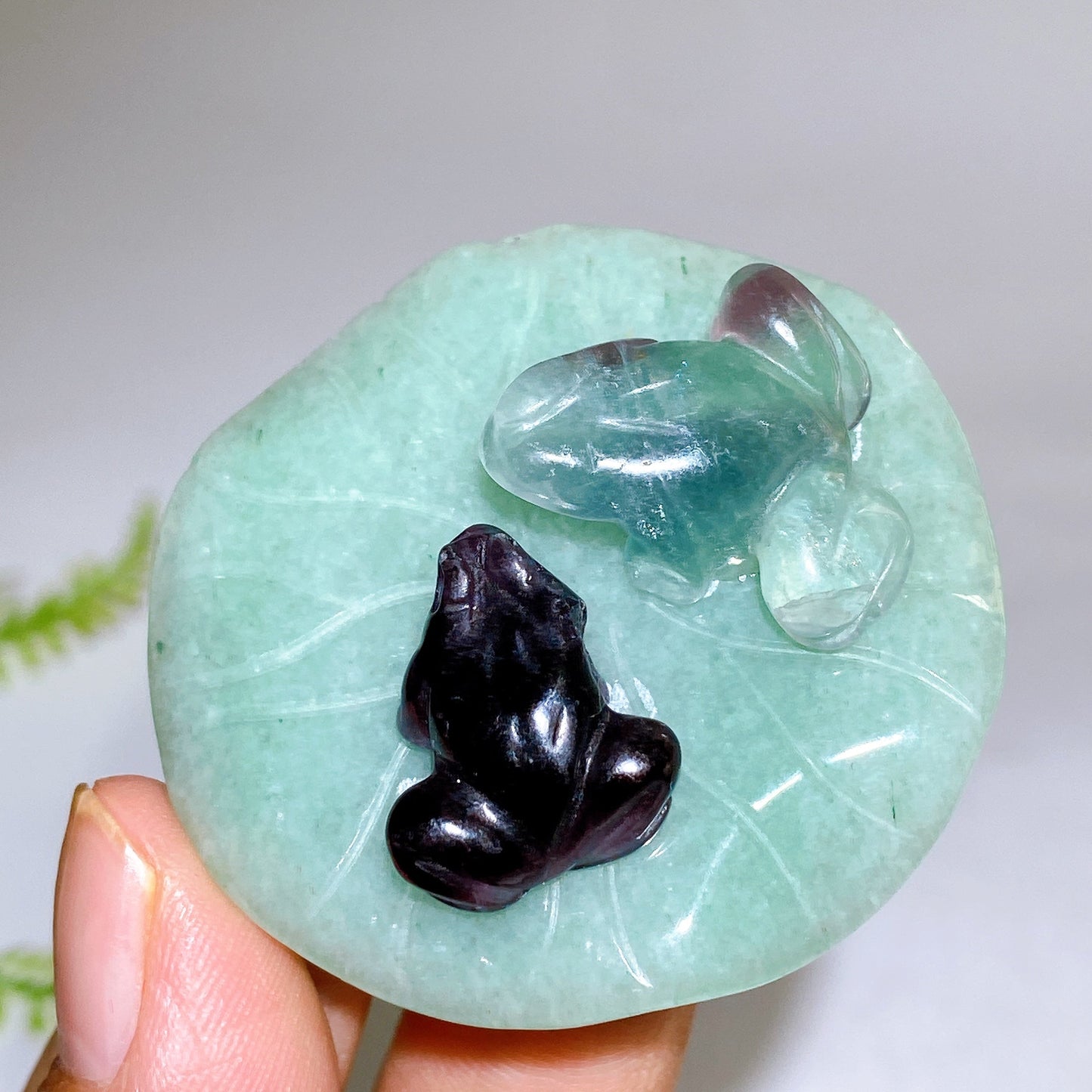 2.0" Fluorite Frogs on Aventurine Lotus Leaf Carving Wholesale