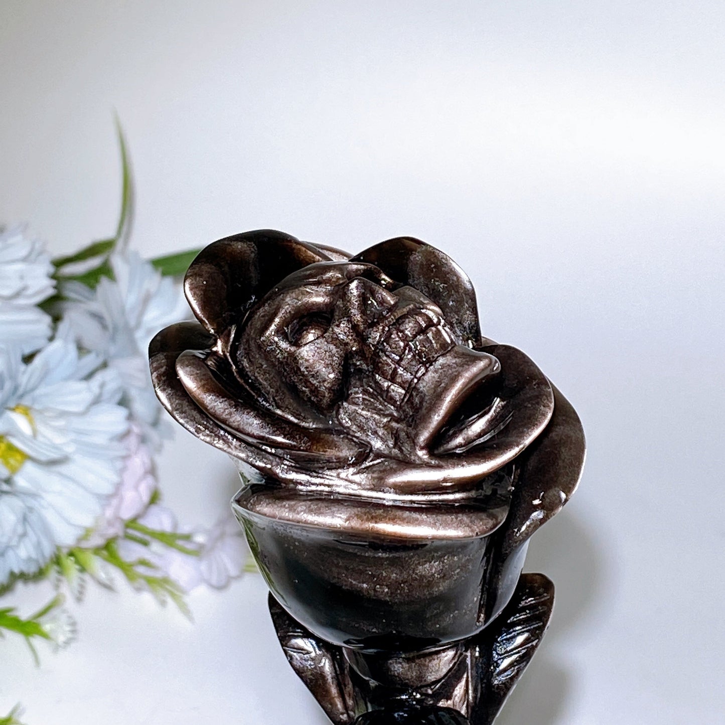 Silver Obsidian Skull Flower Carving with Stand Crystal Healing Bulk Wholesale