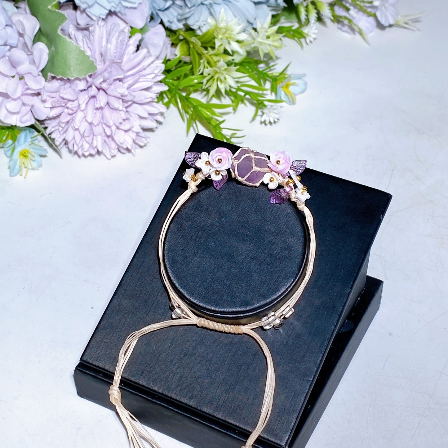 Raw Amethyst with Flower Decor Bracelet Crystal Healing Bulk Wholesale