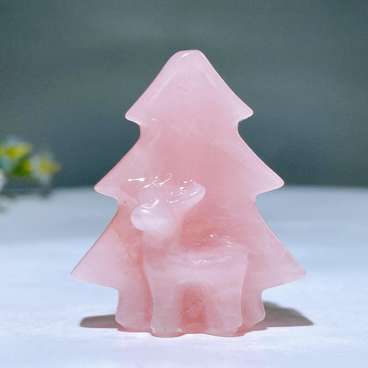 1.6" Rose Quartz Aventurine Christmas Tree with Deer Carving for Christmas Wholesale