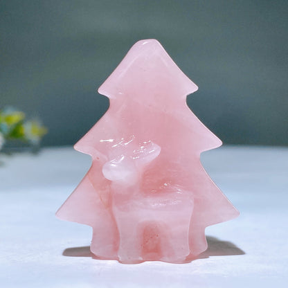 1.6" Rose Quartz Aventurine Christmas Tree with Deer Carving for Christmas Wholesale