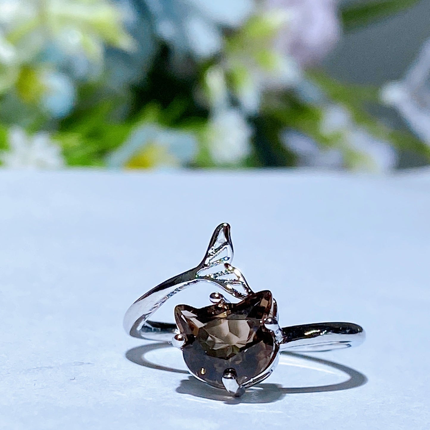 Cooper Silver Plated Smoky Quartz Cat Head Ring Crystal Healing Bulk Wholesale