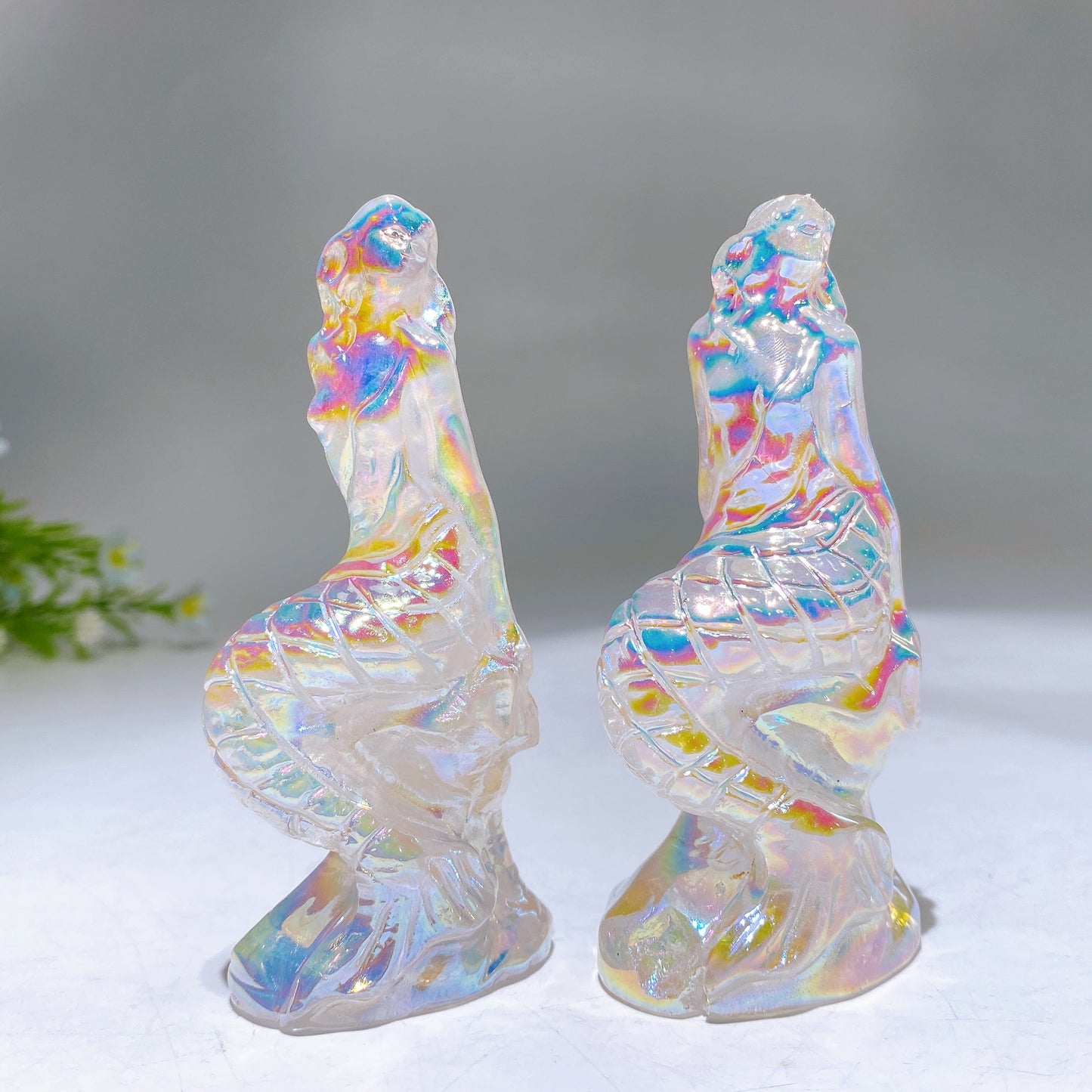 3.8" Aura Clear Quartz Mermaid Carving Wholesale