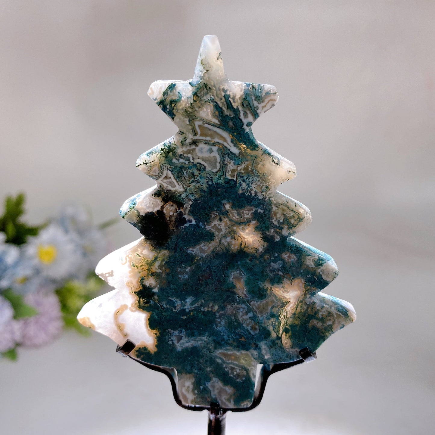 Moss Agate Christmas Tree Carving with Stand Crystal Healing Bulk Wholesale