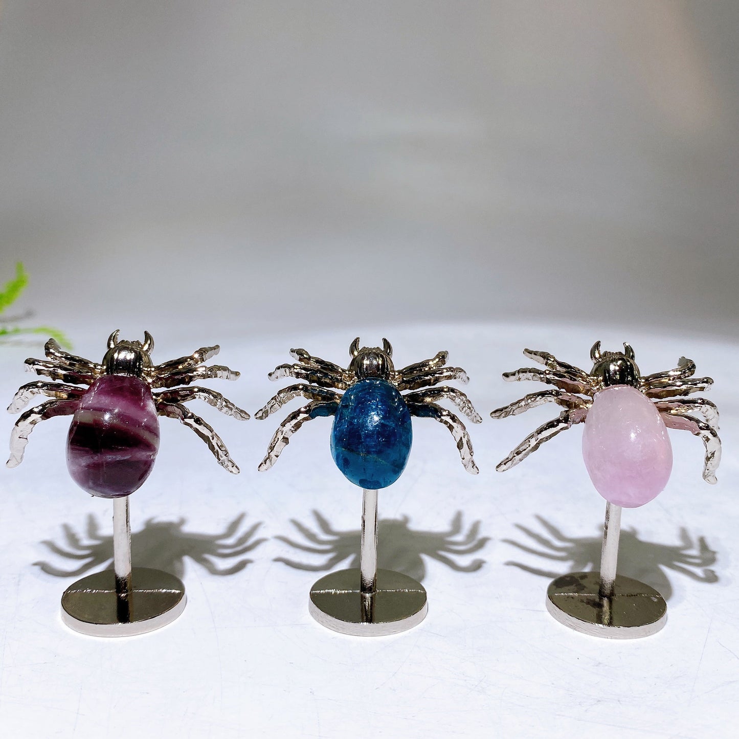 Natural Fluorite Blue Apatite Spider Carving with Fixed Metal Display Stand Wholesale