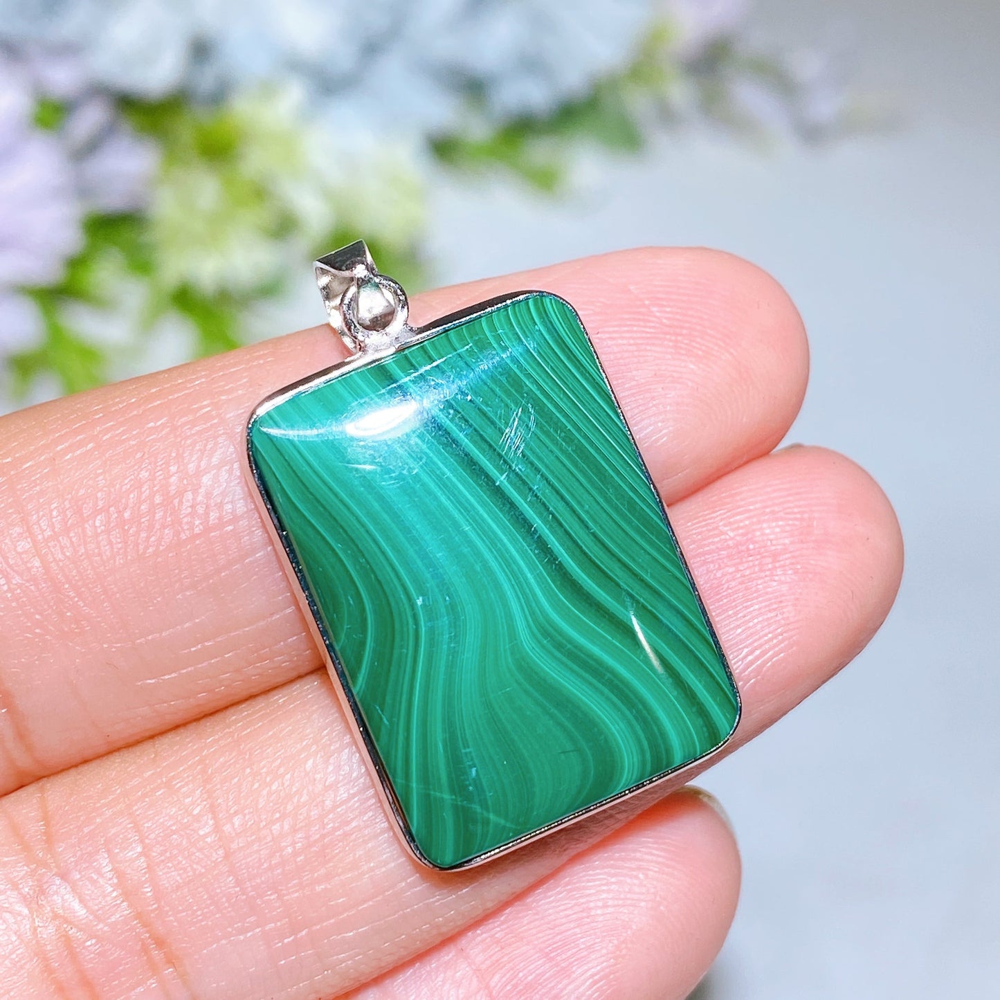 Cooper Silver Plated Malachite Rectangle Pendant Crystal Healing Bulk Wholesale