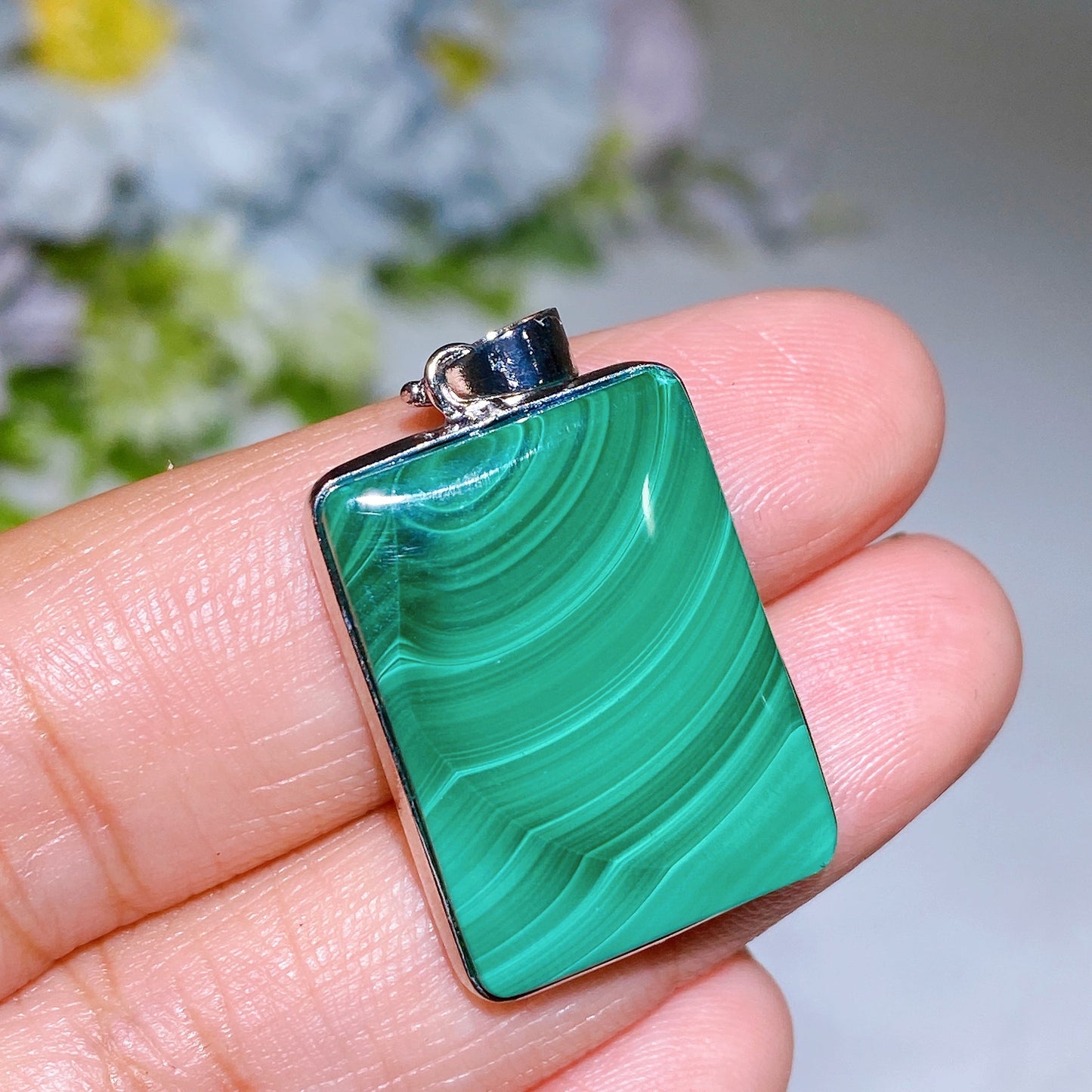 Cooper Silver Plated Malachite Rectangle Pendant Crystal Healing Bulk Wholesale