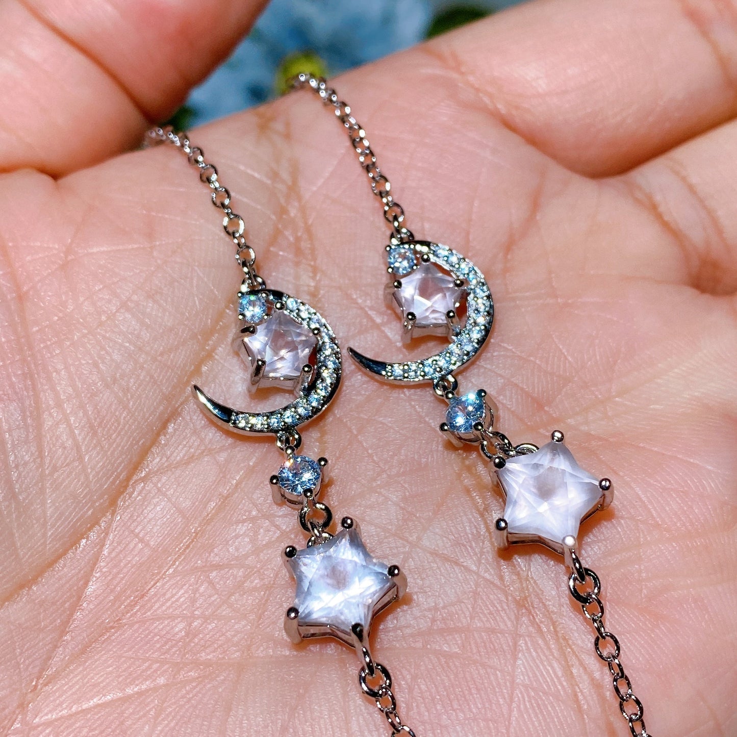 Cooper Silver Plated Rose Quartz Moon & Star Bracelet Crystal Healing Bulk Wholesale