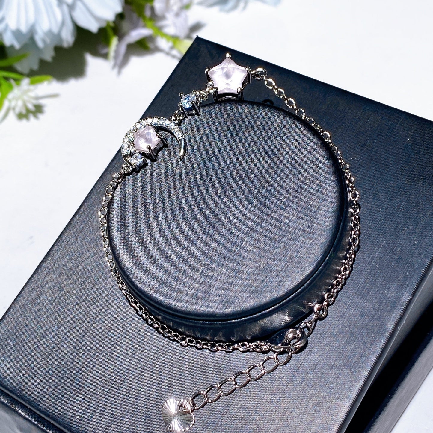Cooper Silver Plated Rose Quartz Moon & Star Bracelet Crystal Healing Bulk Wholesale