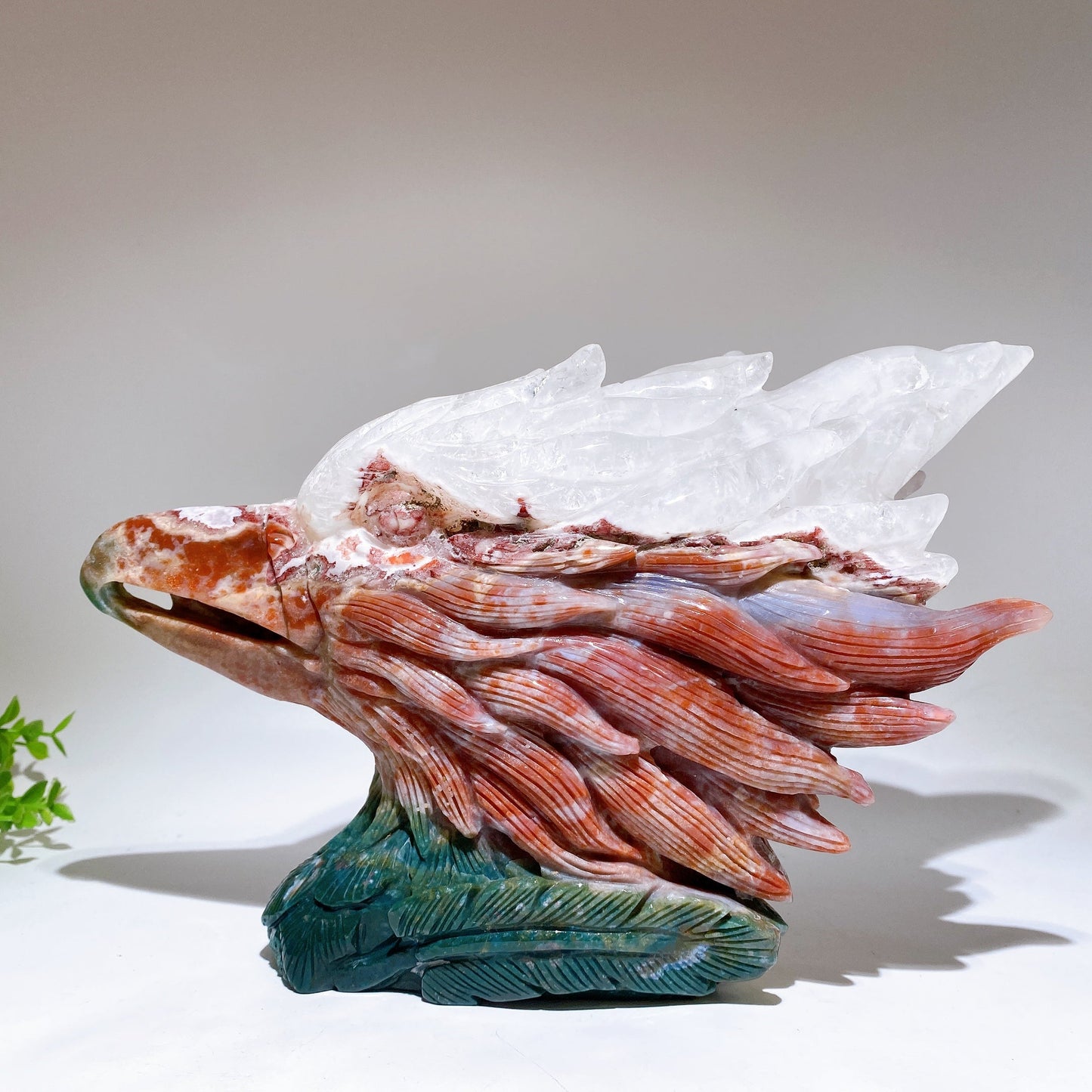 30cm Large Unique Ocean Jasper Growing with Quartz Eagle Head Carving Crystal Healing Bulk Wholesale