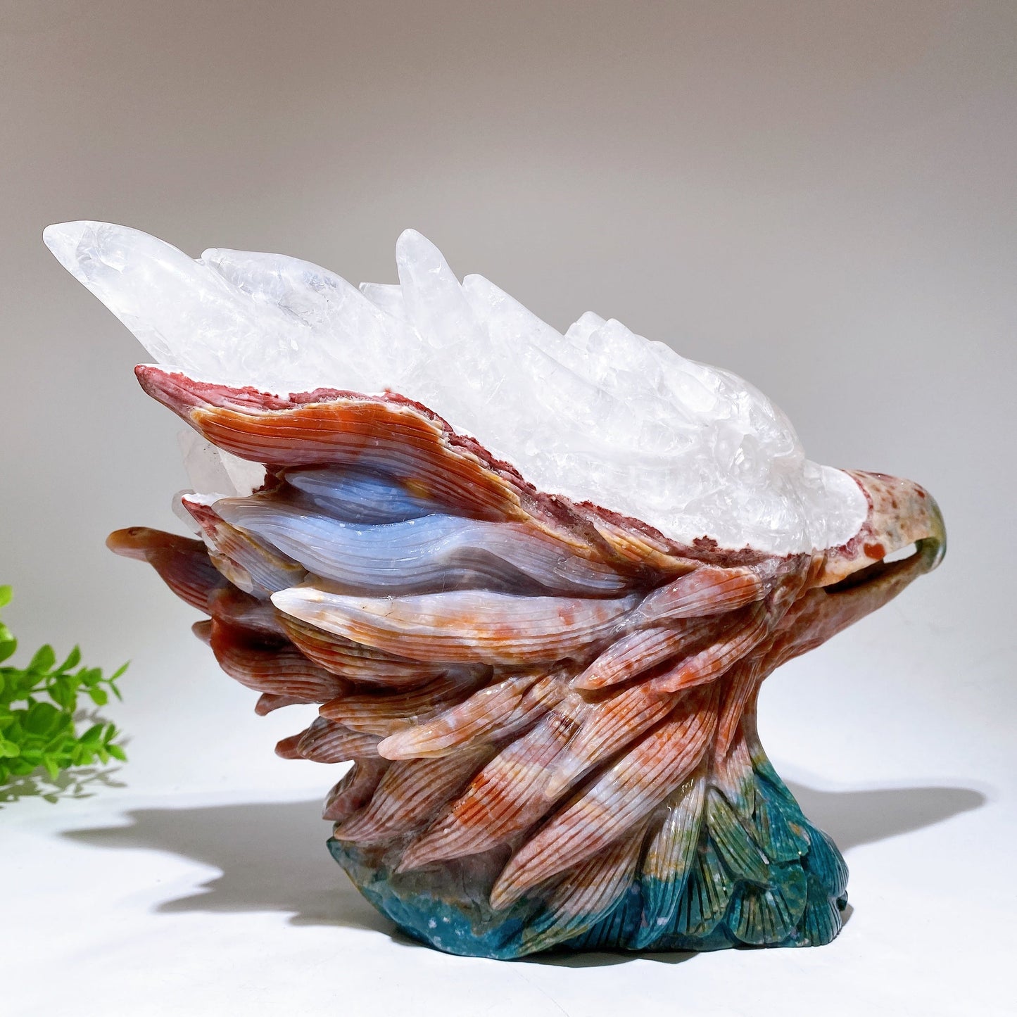 30cm Large Unique Ocean Jasper Growing with Quartz Eagle Head Carving Crystal Healing Bulk Wholesale