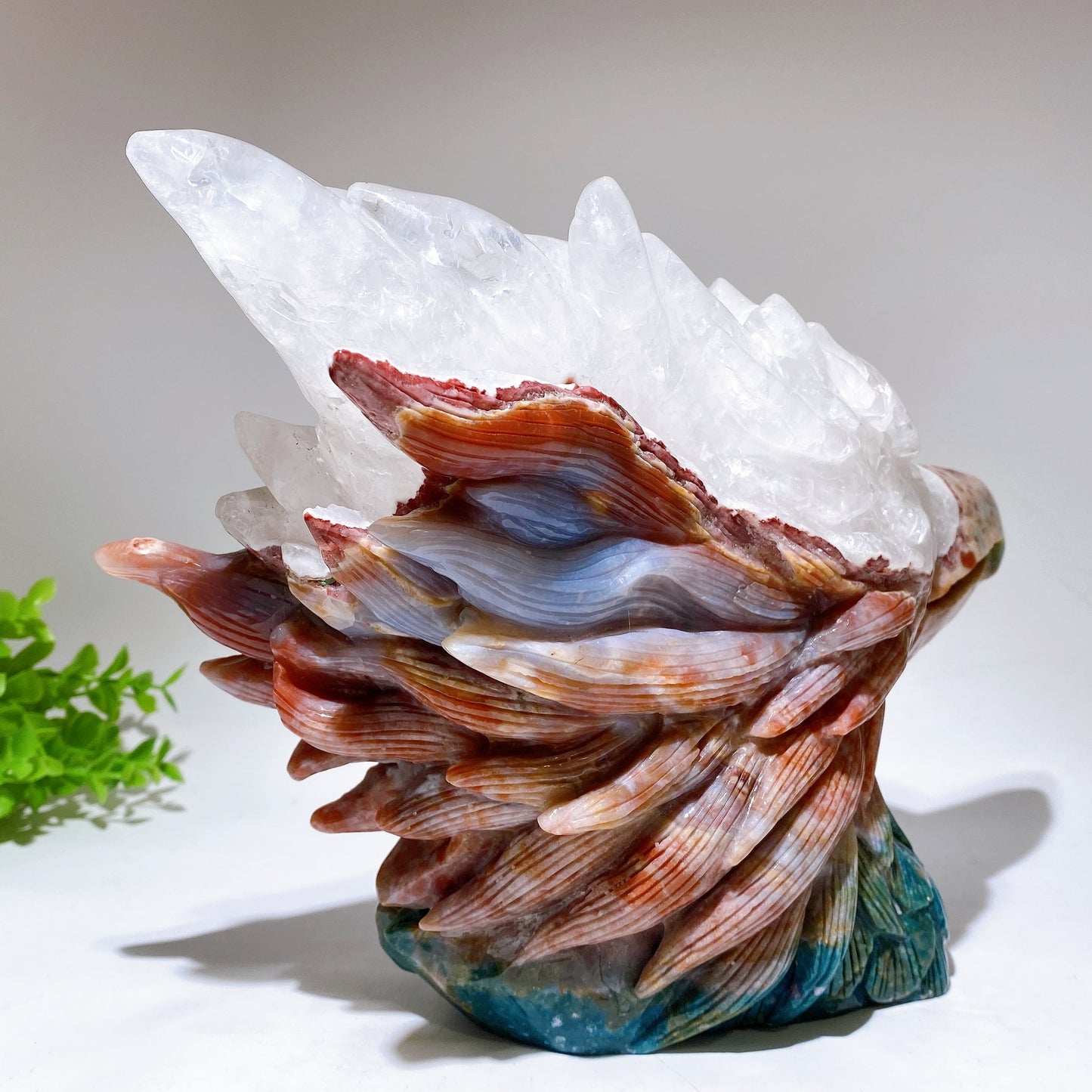 30cm Large Unique Ocean Jasper Growing with Quartz Eagle Head Carving Crystal Healing Bulk Wholesale