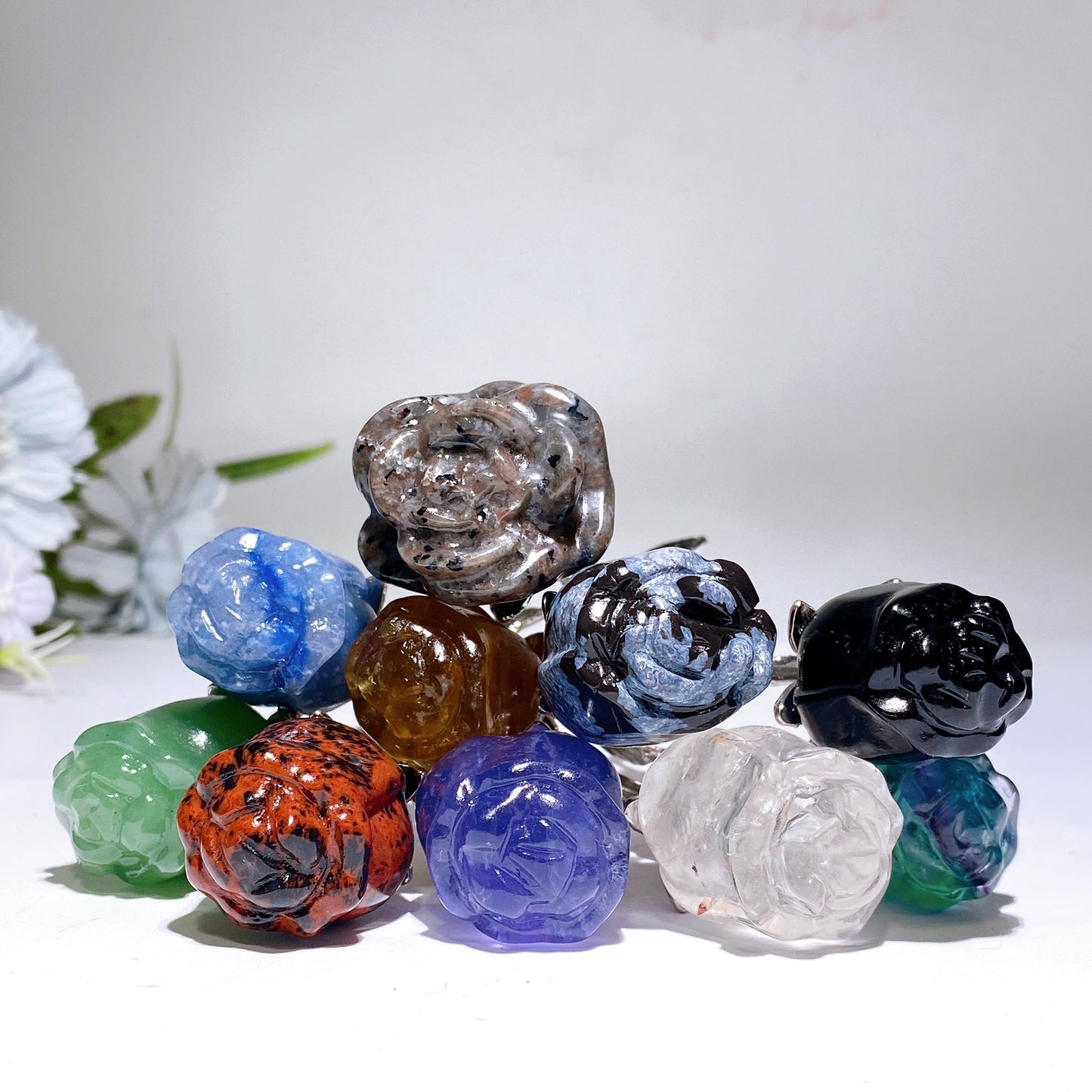 Crystal Rose Flower Carving with Silver Metal Steam Crystal Healing Bulk Wholesale